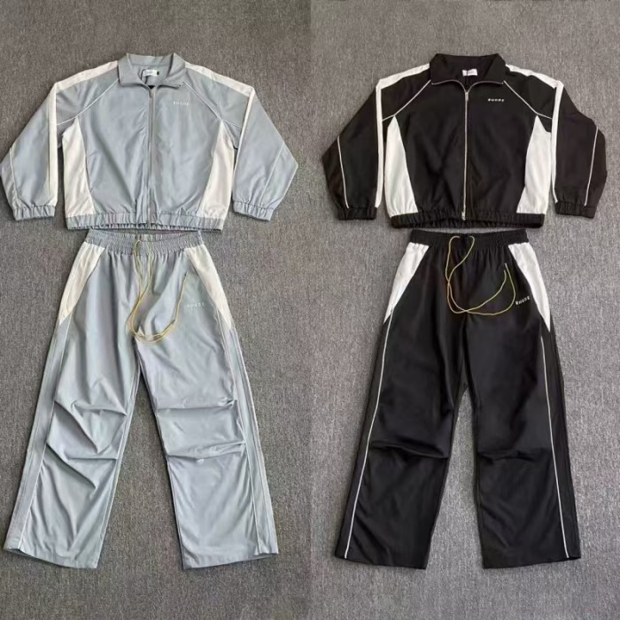 Vintage American Sport Style Letter Embroidery Color Block Zip-Up Cropped Jacket & Pants Set 2 colors 29317364