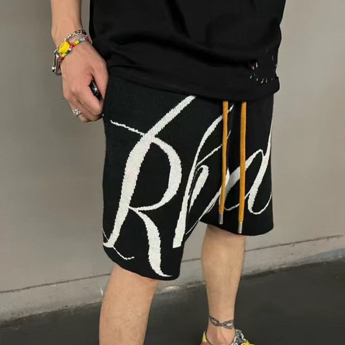 American High Street Style Cursive Letter Jacquard Knit Drawstring Casual Shorts 29316647