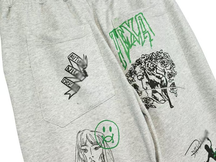 American High Street Cartoon Graffiti Hand Drawn Print Loose Fit Unisex Thin Casual Sweatpants 29319301