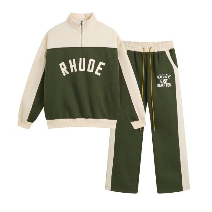 Vintage College Style Rhude Letter Print Color Block Half Zip Fleece Lined Sweatshirt & Sweatpants Set 4 colors 29317688
