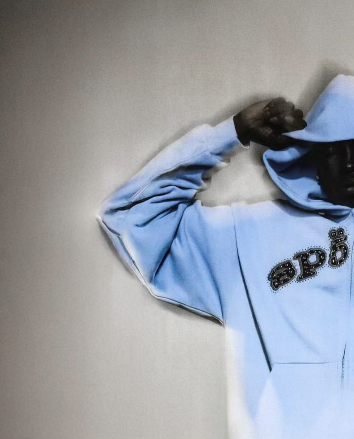 [Big & Tall for weights up to 220 lbs]1:1 quality version Mixed Rhinestone Letter Light Blue Zip Hoodie & Pants Set 29319555