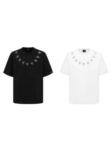Holographic Rhinestone Lightning Bolt Neck Gothic Back Letter Print T-shirt 2 colors 29220646
