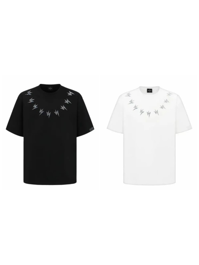Holographic Rhinestone Lightning Bolt Neck Gothic Back Letter Print T-shirt 2 colors 29220646