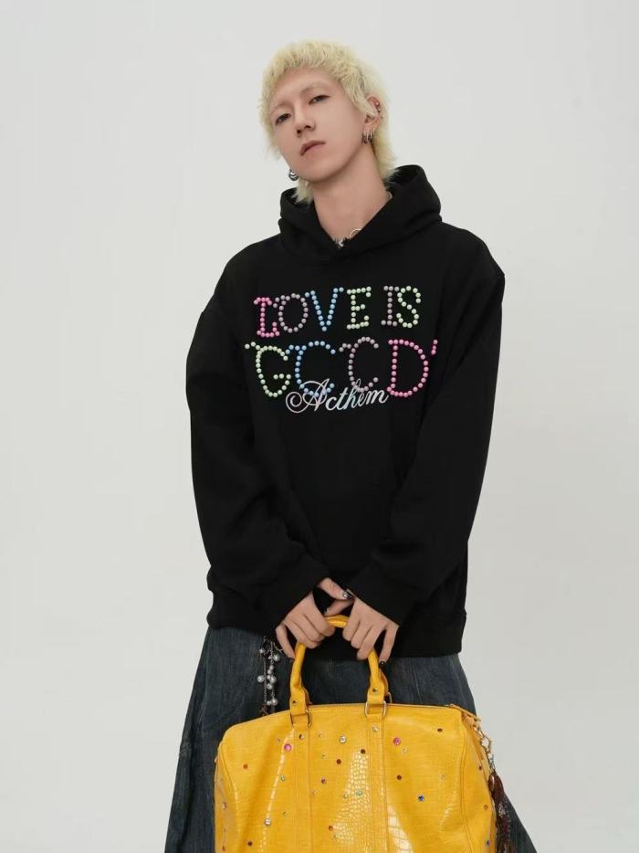 Macaron Color Pearl Slogan Embroidery Hoodie 2 colors 29319478