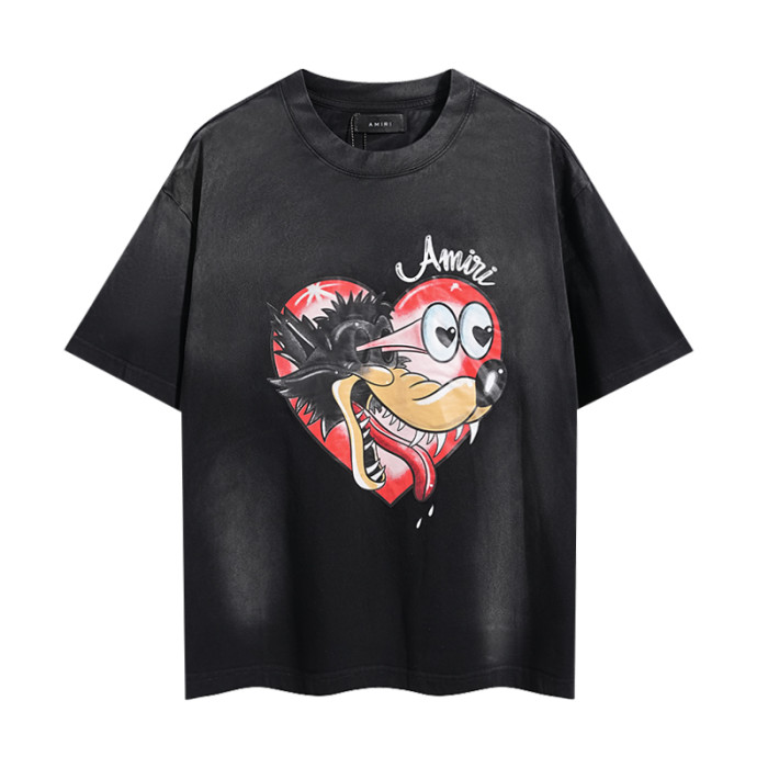 Red Heart Cartoon Wolf Double Side Print Washed Tee 29322998