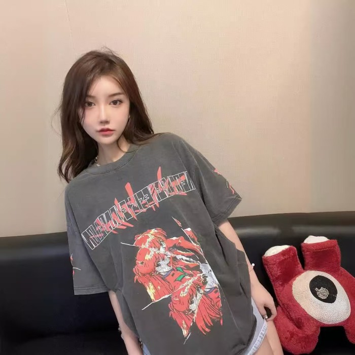 Asuka Broken Anime Back Temple SEHNSUCHT German Slogan Print Washed Drop Shoulder Tee 29324494