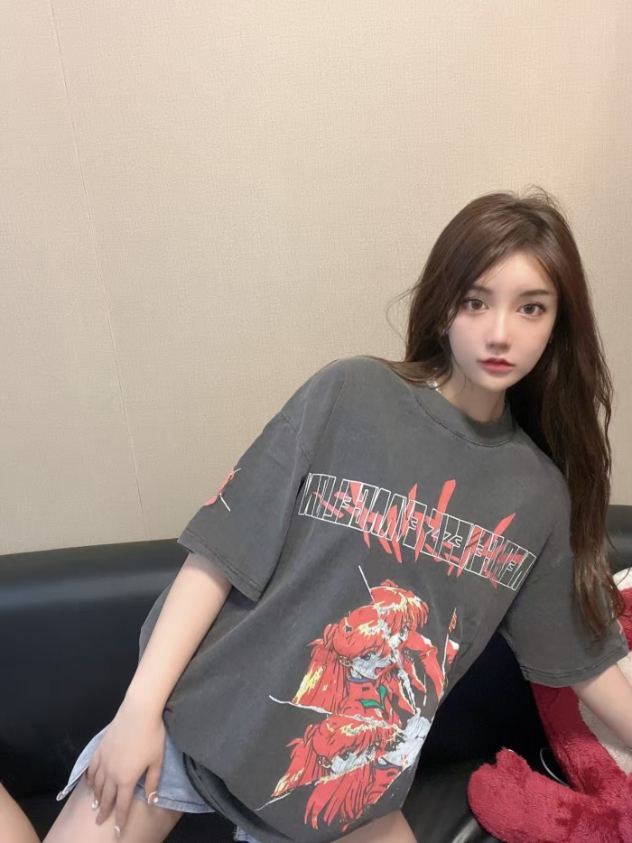Asuka Broken Anime Back Temple SEHNSUCHT German Slogan Print Washed Drop Shoulder Tee 29324494