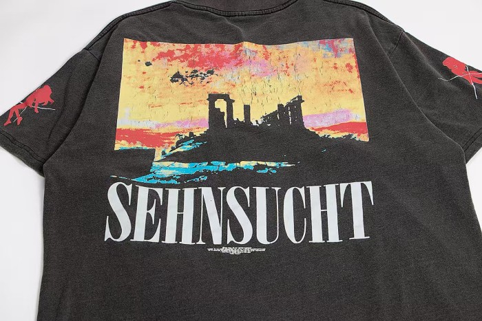 Asuka Broken Anime Back Temple SEHNSUCHT German Slogan Print Washed Drop Shoulder Tee 29324494