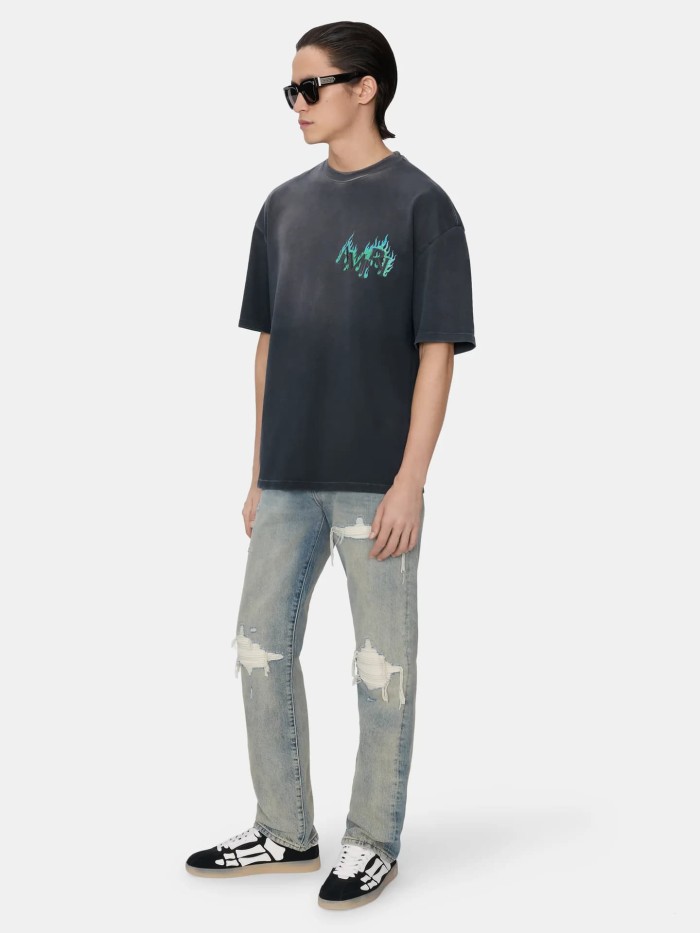 Teal Flame Letter Rhinestone Print Washed Tee 29330542