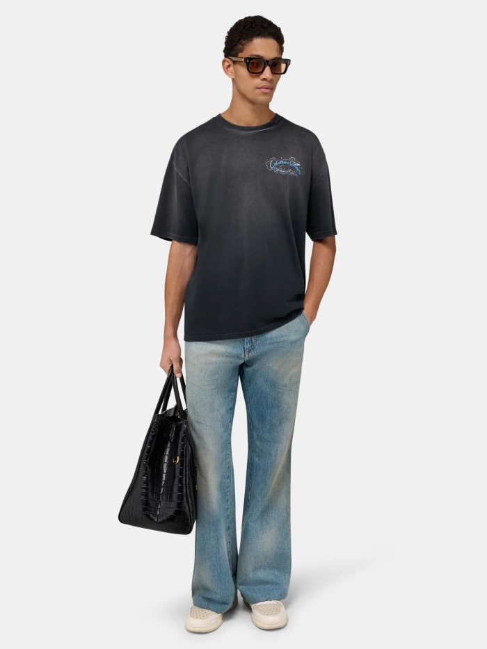 Blue White Cursive Cloud Print Washed Tee 29330541