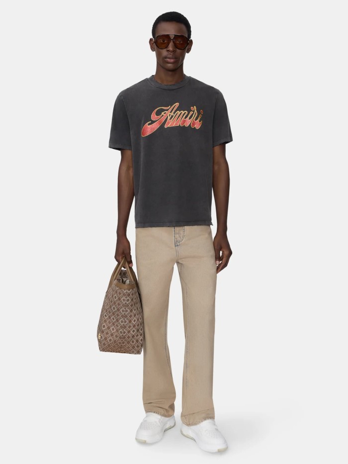 Gold Red Glitter Vintage Cursive Logo Print Washed Tee 29330540