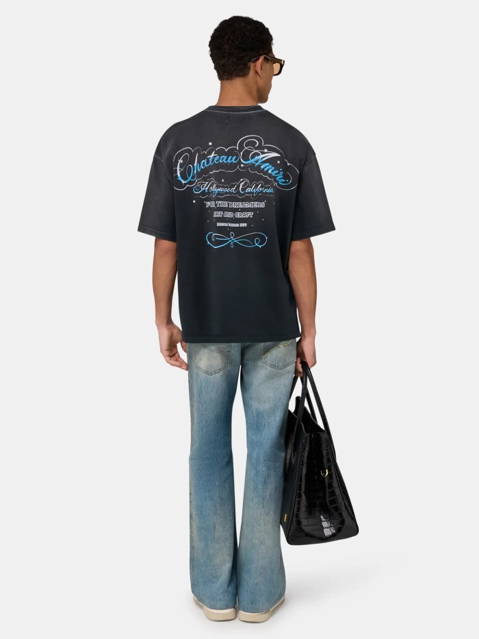 Blue White Cursive Cloud Print Washed Tee 29330541