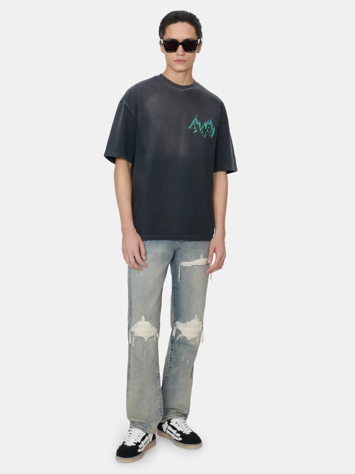 Teal Flame Letter Rhinestone Print Washed Tee 29330542