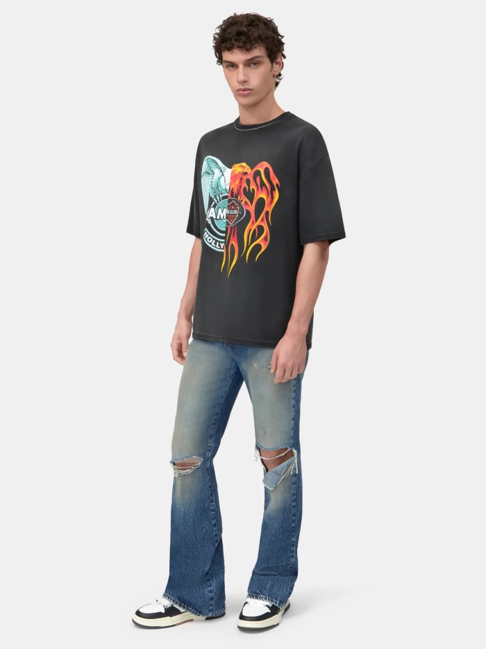 Half Flame Half Bronze Eagle Print Washed Tee 29330528