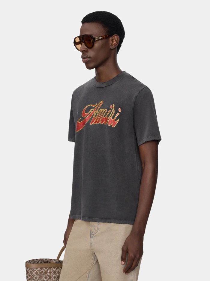 Gold Red Glitter Vintage Cursive Logo Print Washed Tee 29330540