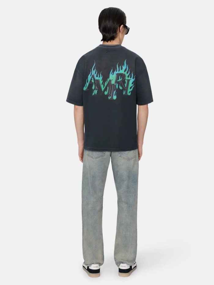 Teal Flame Letter Rhinestone Print Washed Tee 29330542