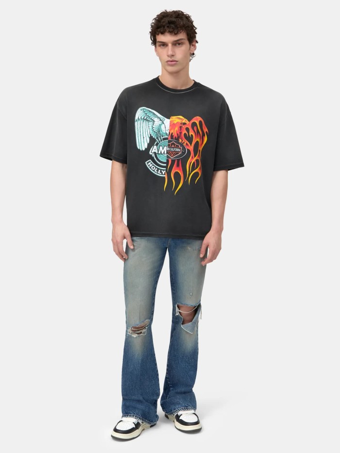 Half Flame Half Bronze Eagle Print Washed Tee 29330528