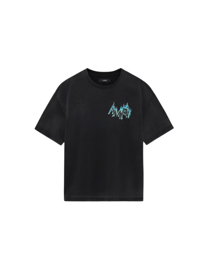 Teal Flame Letter Rhinestone Print Washed Tee 29330542