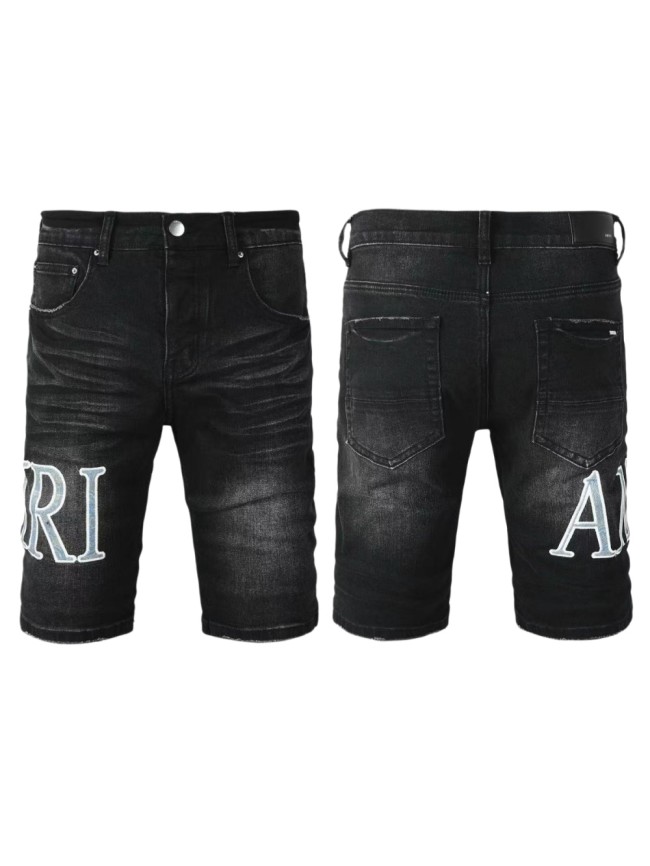 1:1 quality version Ari And A Letter Patch Embroidery High Waist Straight Five Pocket Raw Hem Denim Shorts 29331663