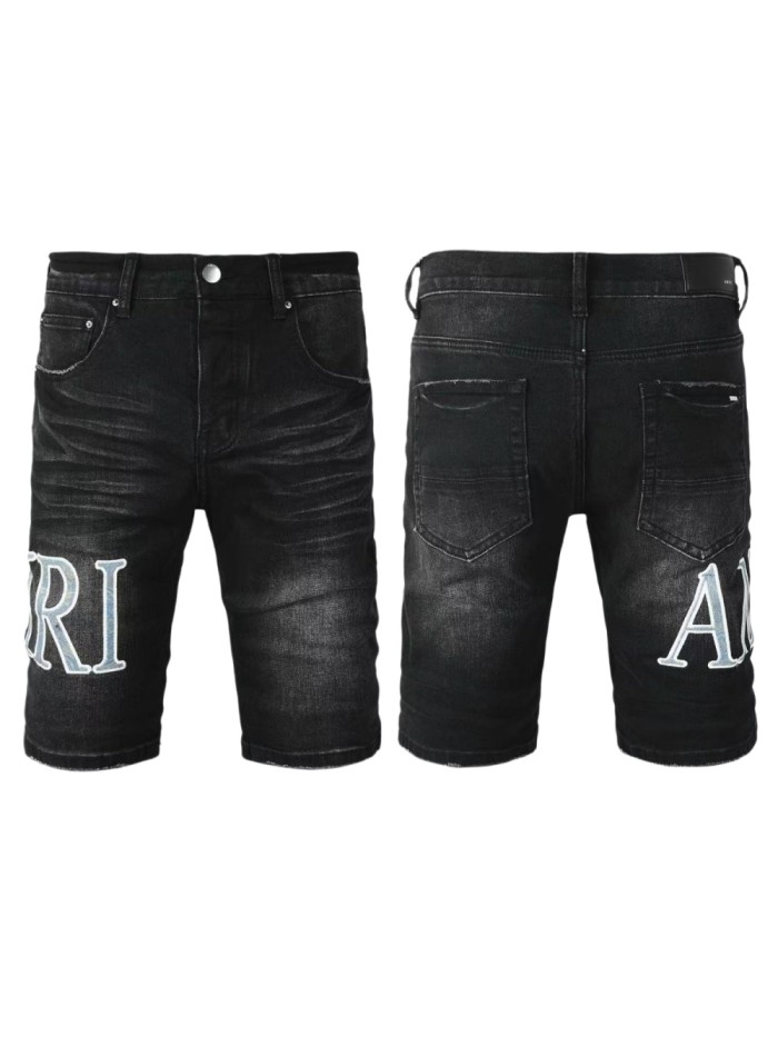 1:1 quality version Ari And A Letter Patch Embroidery High Waist Straight Five Pocket Raw Hem Denim Shorts 29331663