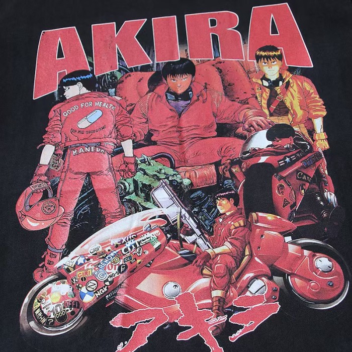Akira Multi Character Motorcycle Collage Big Title Japanese Text Retro Anime Distressed Print Tee 29331531