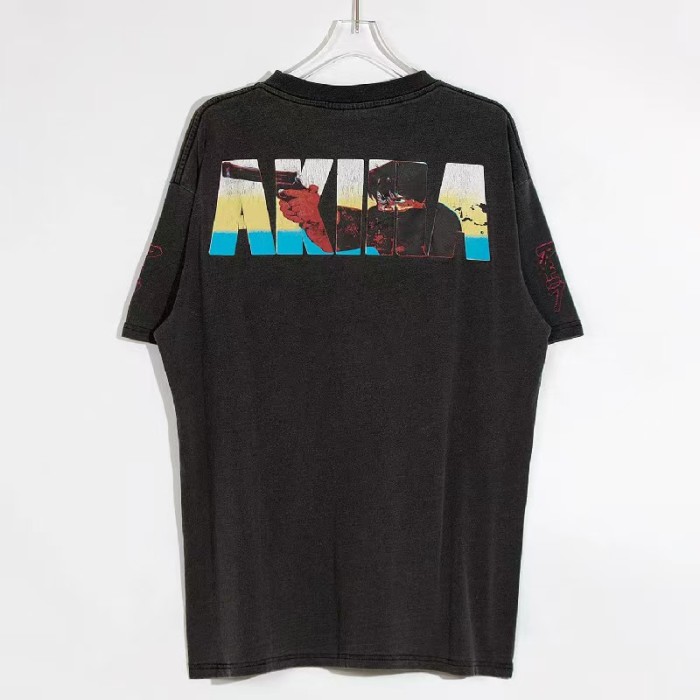 Akira Bold Letter Motorcycle Rider Illustration Back Gradient Split Color Letter Gunman Graphic Print Tee 29331536