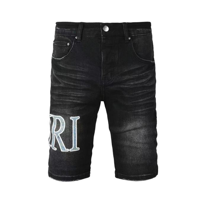 1:1 quality version Ari And A Letter Patch Embroidery High Waist Straight Five Pocket Raw Hem Denim Shorts 29331663