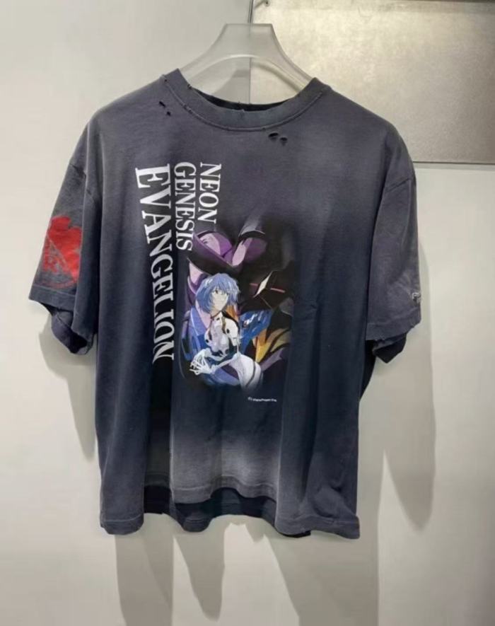 EVA Neon Genesis Evangelion Front And Back Dual Print Hand Ripped Neck Gradient Wash Fade Tee 29331516