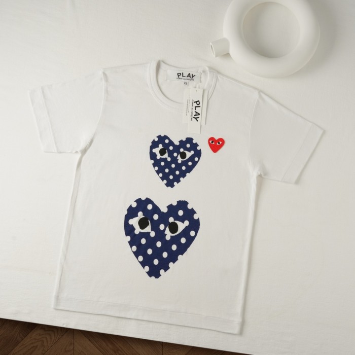 1:1 quality version Two Up Down Navy Polka Dot Eyed Heart Print Match Side Red Heart Embroidery Couple Tee 29331790
