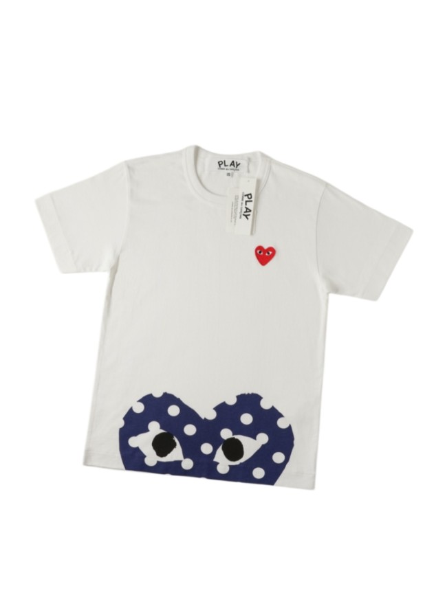1:1 quality version Navy Polka Dot Eyed Heart Print Left Chest Mini Red Heart Embroidery Couple Tee 29331829