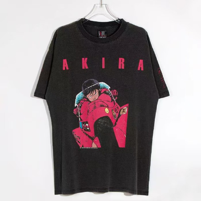 Akira Bold Letter Motorcycle Rider Illustration Back Gradient Split Color Letter Gunman Graphic Print Tee 29331536