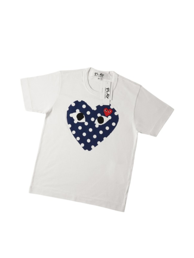 1:1 quality version Navy Polka Dot Eyed Heart Print Heart Corner Decor Mini Red Heart Embroidery Couple Tee 29331831