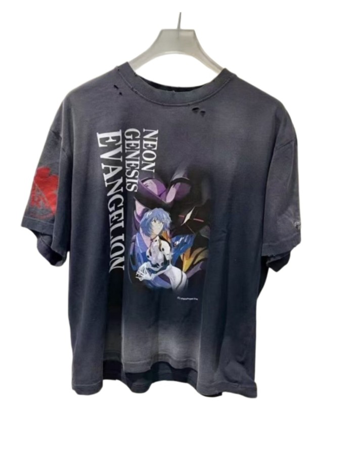 EVA Neon Genesis Evangelion Front And Back Dual Print Hand Ripped Neck Gradient Wash Fade Tee 29331516
