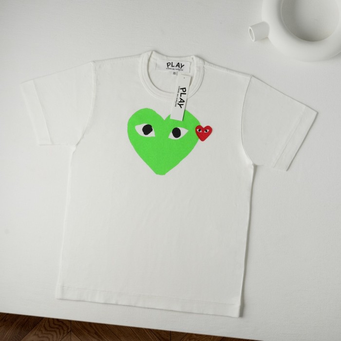 1:1 quality version Chest Fluorescent Green Big Heart Eyed Print Right Side Red Heart Embroidery Fitted Shoulder Couple Tee 29332193