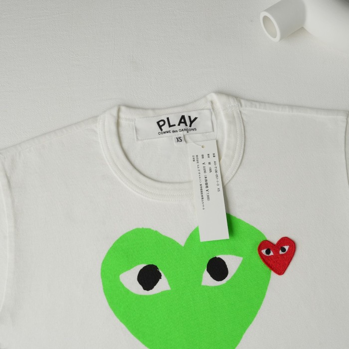1:1 quality version Chest Fluorescent Green Big Heart Eyed Print Right Side Red Heart Embroidery Fitted Shoulder Couple Tee 29332193