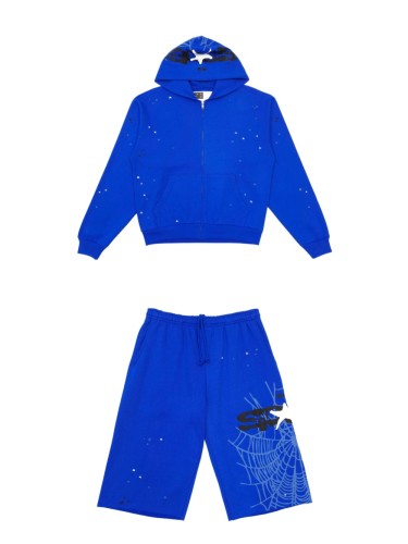 [Big & Tall for weights up to 220 lbs]1:1 quality version Graffiti Five Pointed Star Blue Mesh Zipper Hoodie & Shorts Set 29332583