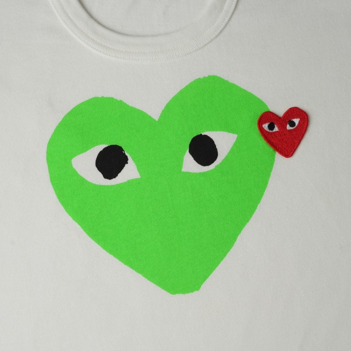 1:1 quality version Chest Fluorescent Green Big Heart Eyed Print Right Side Red Heart Embroidery Fitted Shoulder Couple Tee 29332193