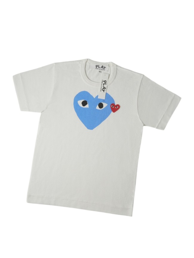 1:1 quality version Chest Oversize Light Blue Solid Eyed Heart Print Side Mini Red Heart Embroidery Fitted Shoulder Couple Tee 29332179