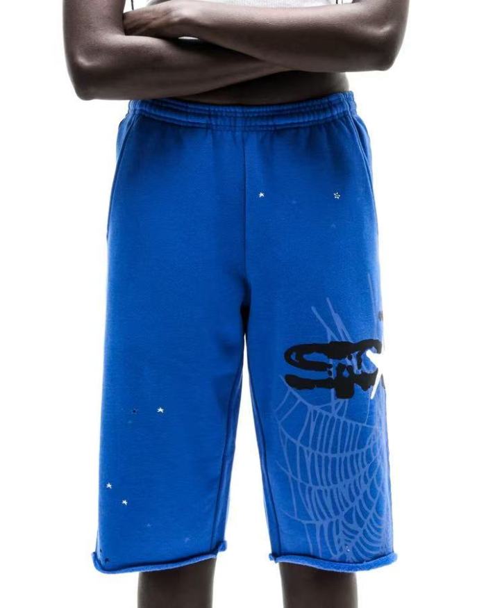 [Big & Tall for weights up to 220 lbs]1:1 quality version Graffiti Five Pointed Star Blue Mesh Zipper Hoodie & Shorts Set 29332583