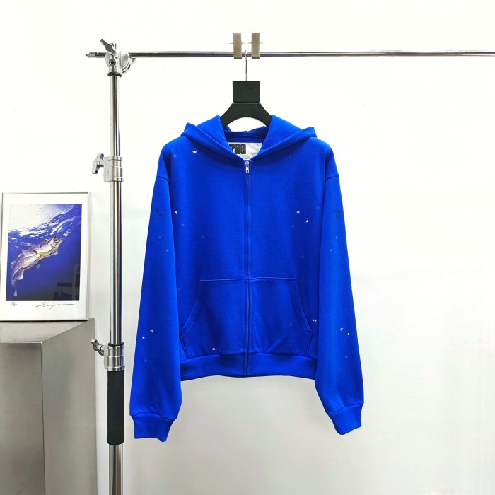 [Big & Tall for weights up to 220 lbs]1:1 quality version Graffiti Five Pointed Star Blue Mesh Zipper Hoodie & Shorts Set 29332583