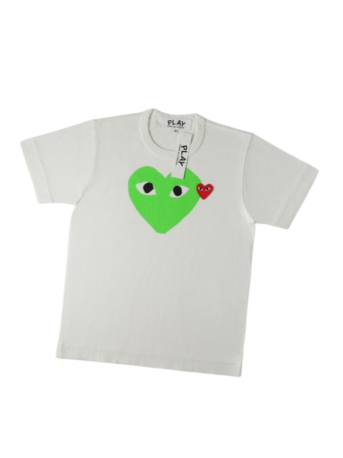 1:1 quality version Chest Fluorescent Green Big Heart Eyed Print Right Side Red Heart Embroidery Fitted Shoulder Couple Tee 29332193
