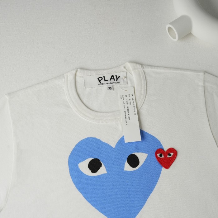1:1 quality version Chest Oversize Light Blue Solid Eyed Heart Print Side Mini Red Heart Embroidery Fitted Shoulder Couple Tee 29332179