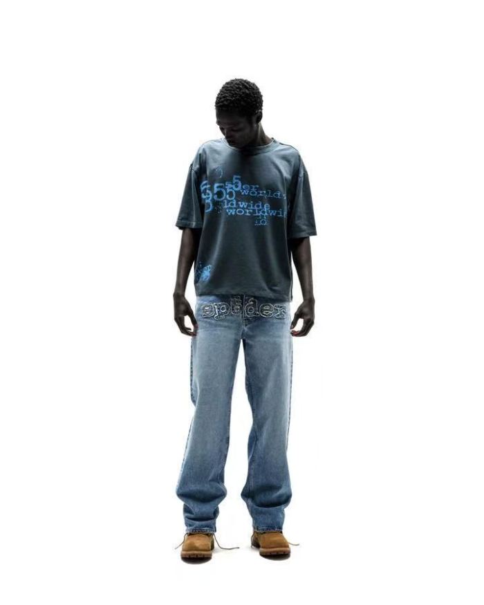 [Big & Tall for weights up to 220 lbs]1:1 quality version Blue Graffiti 555 Letter Print Tee 29332579
