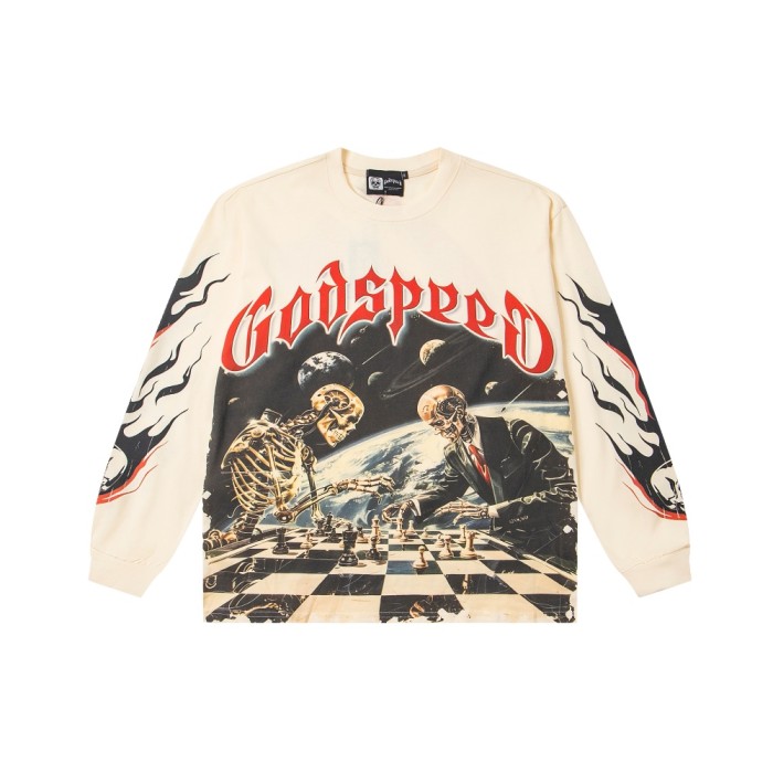 Space Skeleton Chess Match Print Long Sleeve T-Shirt 2 colors 29334420