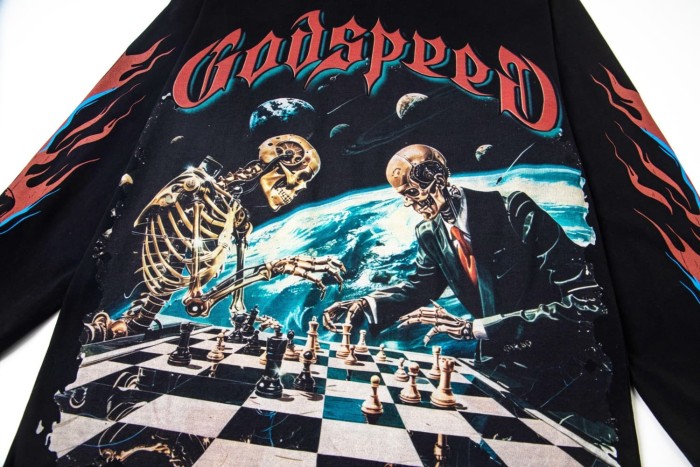Space Skeleton Chess Match Print Long Sleeve T-Shirt 2 colors 29334420