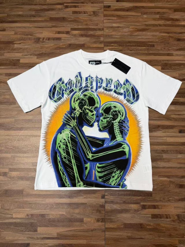 Y2K Gothic Streetwear Front Godspeed Gothic Font Glowing Green Kissing Skeleton Couple Burst Background Print T-Shirt 3 colors 29338262