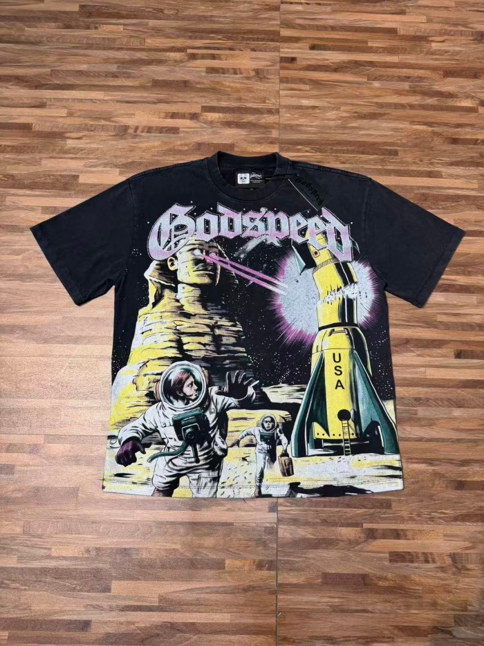 Vintage Washed American Streetwear Front Letter Sphinx Astronaut USA Rocket Space Galaxy Graphic Oversized T-Shirt 29338592