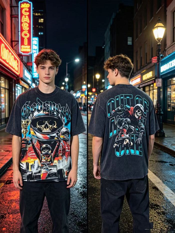 Y2K Racing Streetwear F1 Racer Skull Trophy Double Sided Graphic Oversized Drop Shoulder Crew Neck T-Shirt 2 colors 29338115