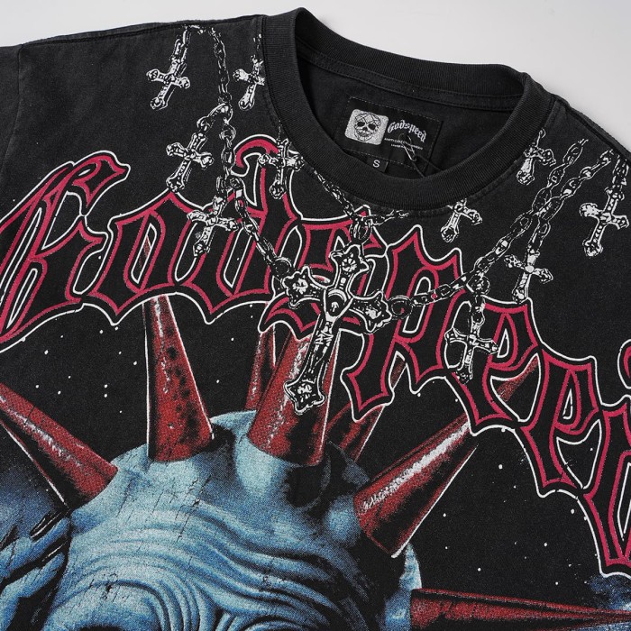 Front Cross Necklace Alien Big Face Graphic Back Cracked Flame Letter T-Shirt 2 colors 29338604
