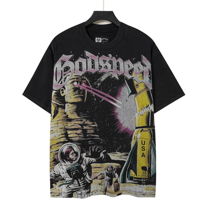 Vintage Washed American Streetwear Front Letter Sphinx Astronaut USA Rocket Space Galaxy Graphic Oversized T-Shirt 29338592